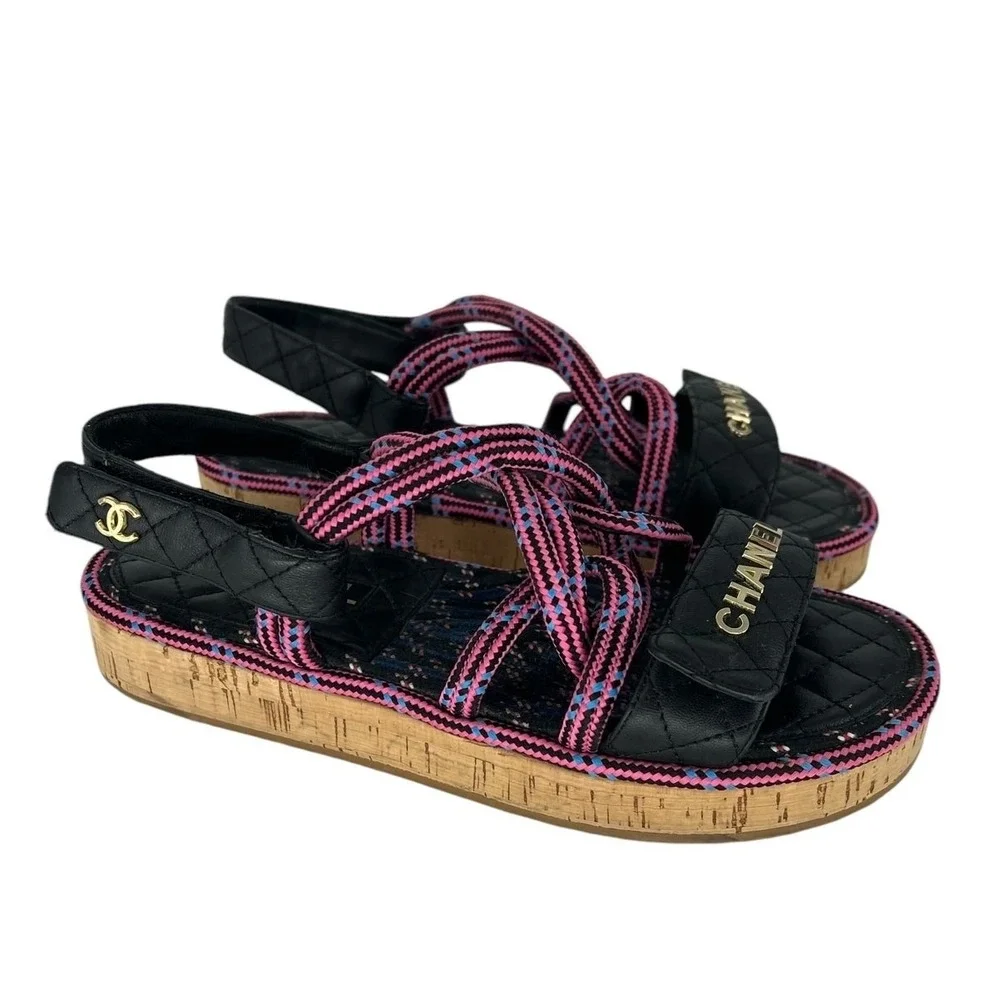 Chanel 2020 Cord Lambskin Quilted Logo Sandals Pink Black Size 38